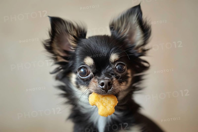 Small Chihuahua dog with chicken nugget in mouth. Generative Ai, AI generated