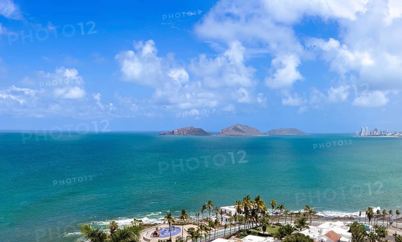 Mexico. Scenic skyline and panoramic view of Mazatlan Malecon. Ocean beaches view, Cerro Neveria