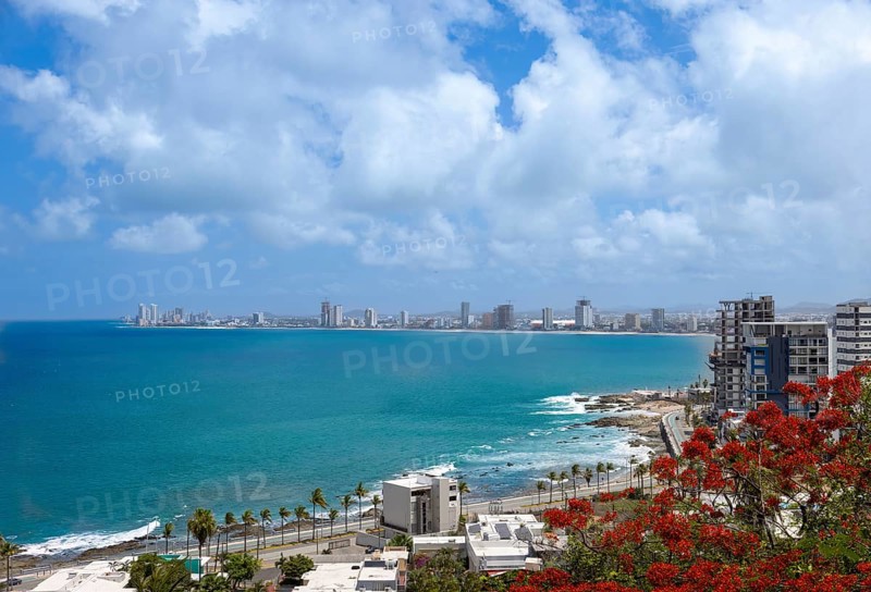 Mexico. Scenic skyline and panoramic view of Mazatlan Malecon. Ocean beaches view, Cerro Neveria
