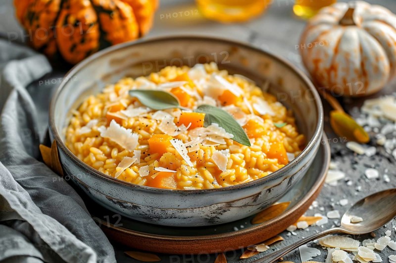Creamy pumpkin risotto with sage and Parmesan cheese. Generative Ai, AI generated