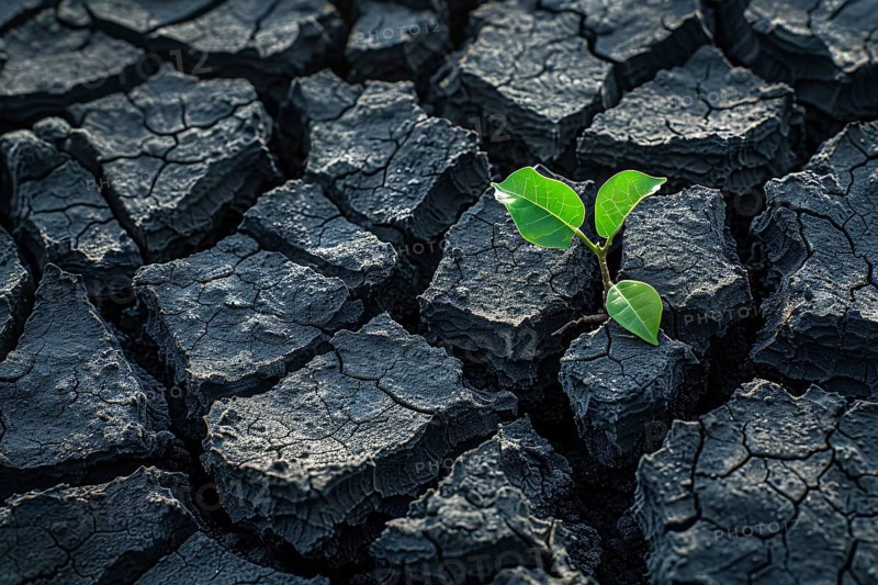 Small new plant growing out in cracked dry earth.. Generative Ai, AI generated