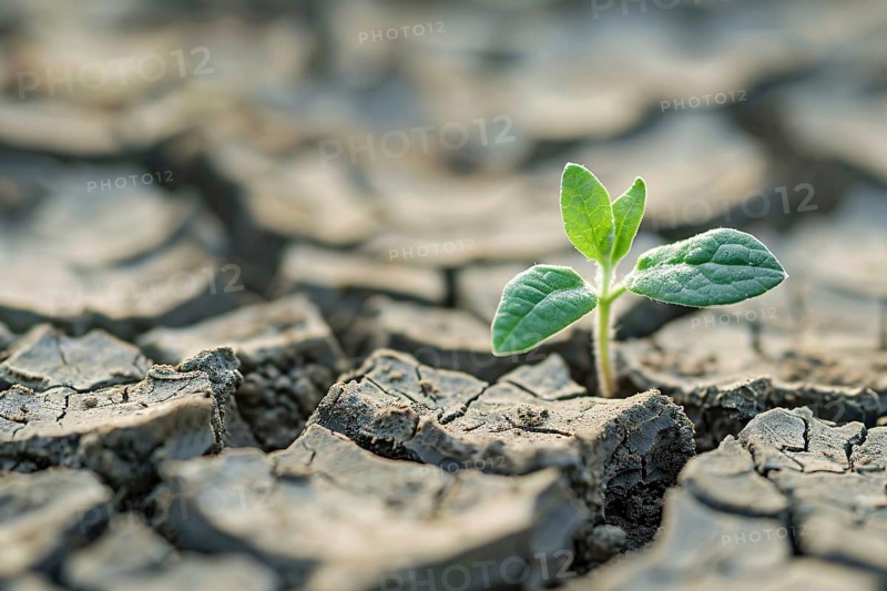 Small green plant growing out of cracked dry earth. Generative Ai, AI generated