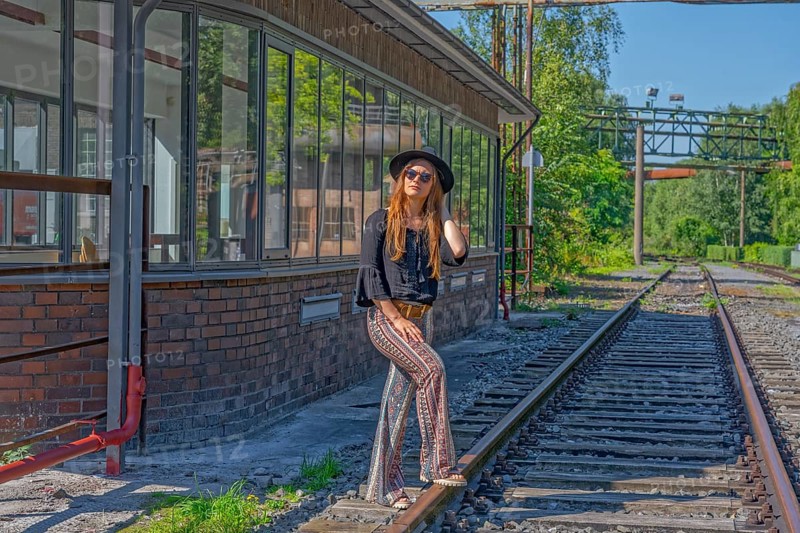 At the old railway station with model on railway tracks Landscape Park Duisburg Germany