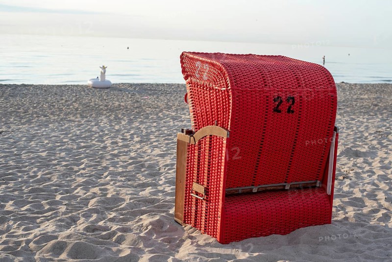 Red beach chair on the Baltic Sea, Dierhagen, Mecklenburg-Vorpommern, Germany, Europe