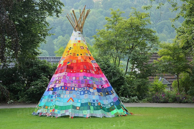 Colourful tipi, tent, wigwam, Indian tent, castle park, Siegen, Siegerland, North Rhine-Westphalia, Germany, Europe