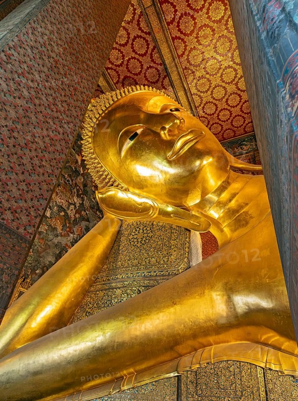 Close-up of the Reclining Buddha statue, Wat Pho complex, Bangkok, Thailand, Asia