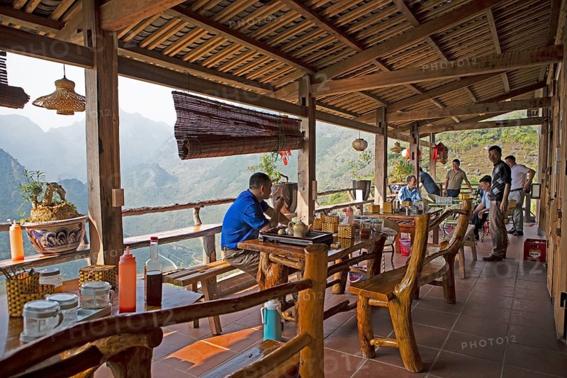Viewing terrace of a restaurant with a view of the northern mountain landscape, Ha Giang province, Vietnam, Asia