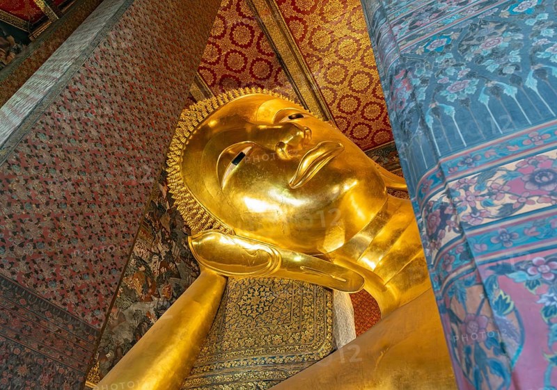 Close-up of the Reclining Buddha statue, Wat Pho complex, Bangkok, Thailand, Asia
