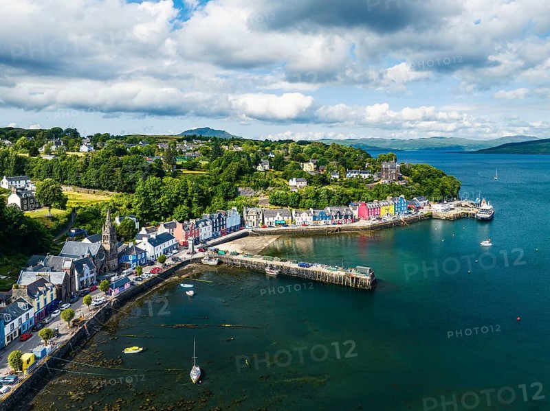Tobermory from a drone, Isle of Mull, Scottish Inner Hebrides, Scotland, UK