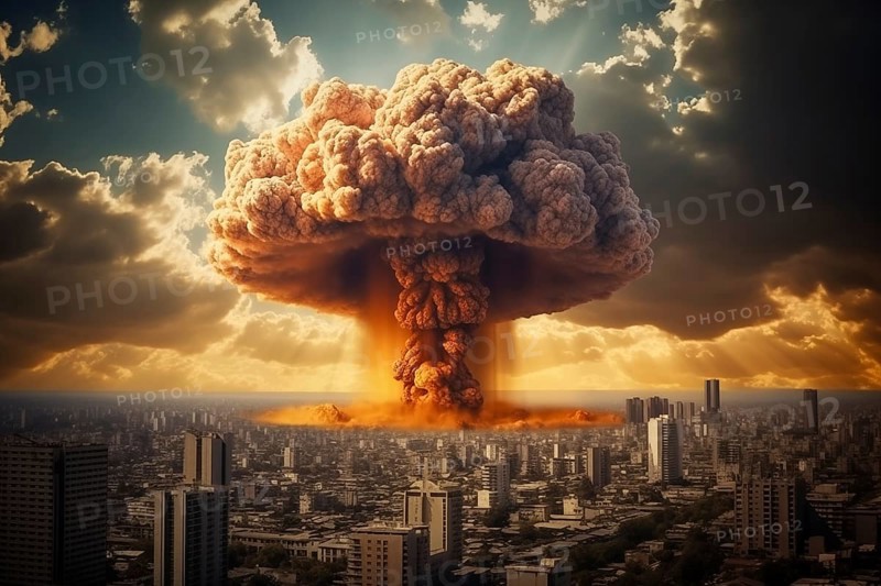 Nuclear blast and mushroom cloud in a city skyline. The explosion is destroying buildings and causing chaos and destruction. Apocalyptic mood. Devastation of war or the aftermath of a disaster, AI generated