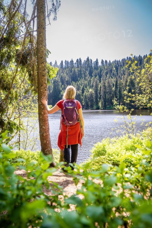 Hiker woman standing by the lake, Glaswaldsee, Bad Ripoldsau, Germany, Europe