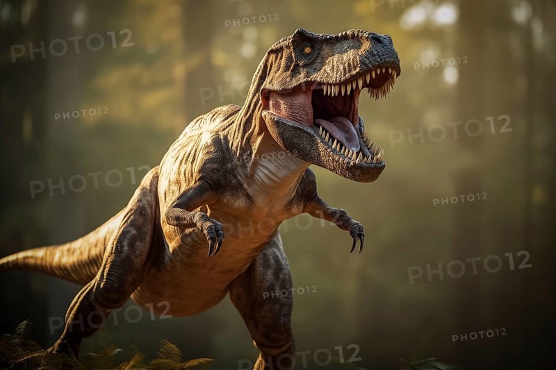 Tyrannosaur rex roaring in a prehistoric forest with lush vegetation, ferns and sunlight, AI generated