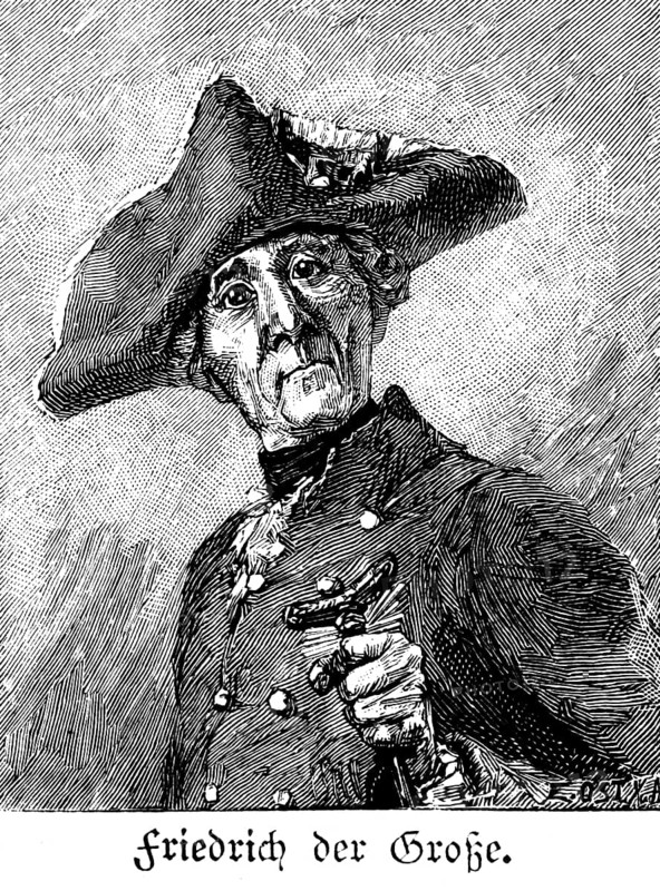 Frederick the Great (1712-1786), portrait, Berlin, Frederick II, Margrave of Brandenburg, Elector, hat, stick, jacket, from front, Germany, historical illustration c. 1898, Europe