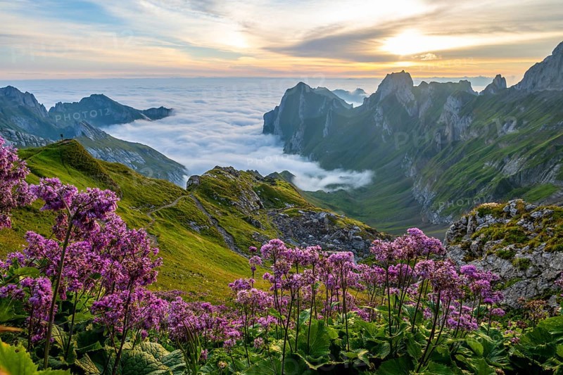 Blooming flowers, Alpstein, Meglisalp valley at sunrise, high fog in the valley, SÃ¤ntis, Appenzell Ausserrhoden, Appenzell Alps, Switzerland, Europe