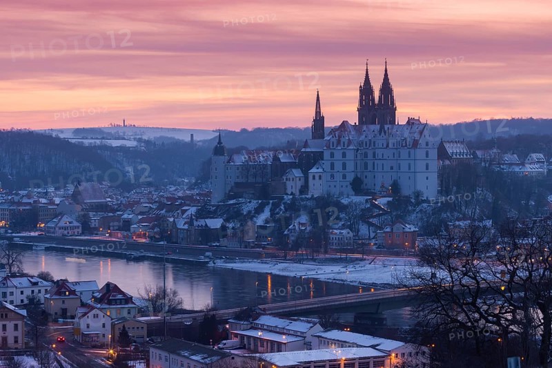 View from the Proschwitz Winery of Meissen Castle Hill with Albrechtsburg Castle, Bishop's Palace and Cathedral