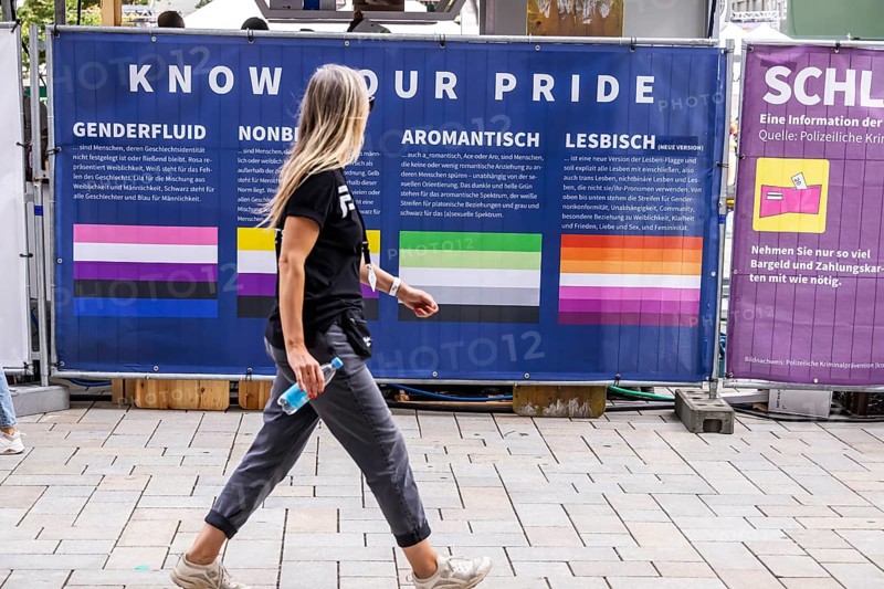 Banner with definition of terms: Genderfluid, Nonbinary, Aromantic or just Lesbian? A colour code for gender provides clarity, Christopher Street Day in Stuttgart, Baden-Württemberg, Germany, Europe