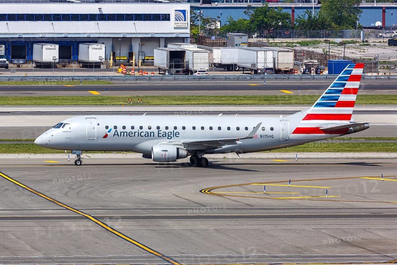 An Embraer 175 aircraft of American Eagle Republic Airways with the registration number N115HQ at New York JFK Airport in New York, USA, North America
