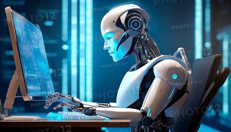 A robot in human form works on a computer, generated with AI