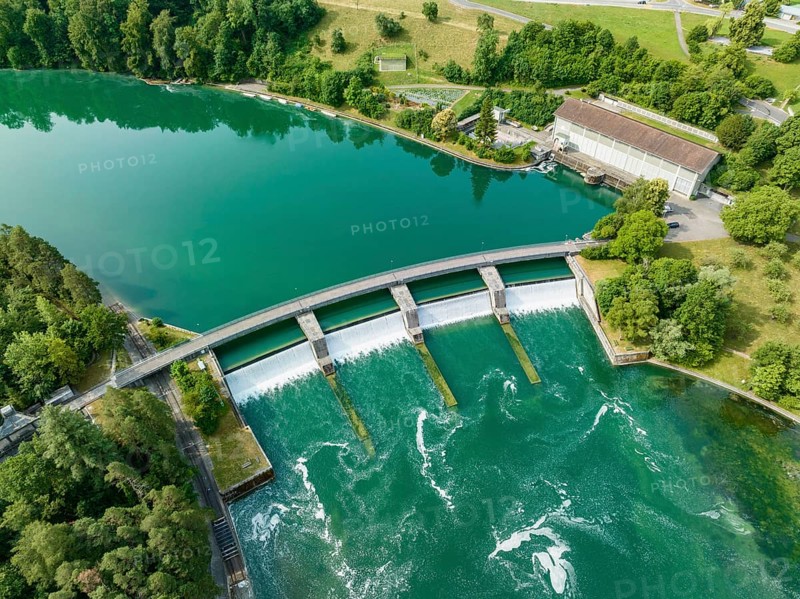Aerial view of the Rheinau hydroelectric power plant power station and electricity plant with the main weir in the Rhine, Andelfingen, Canton Zurich, Switzerland, Europe