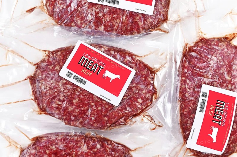Lab grown cultured meat concept for artificial in vitro cell culture meat production with frozen packed raw meat with made up label