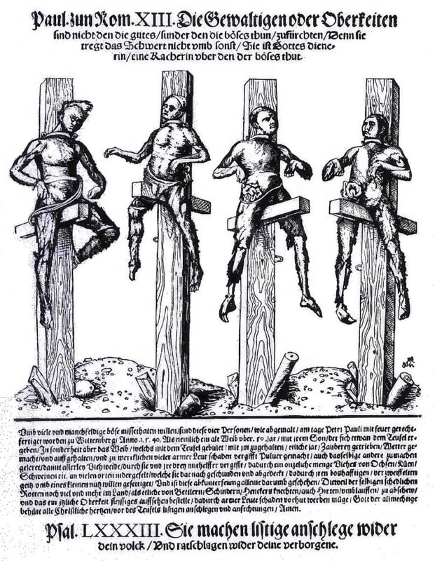 Burning of witches in Wittenberg, woodcut showing the burning of four persons as witches in Wittenberg in 1540 as a pamphlet for deterrence. According to contemporary witnesses, the victims are roasted alive on pillars in a particularly cruel manner by being set up on oak pillars, forged and miserably smoked and dried out with fire, like bricks. Historical, digitally restored reproduction from an original of the time