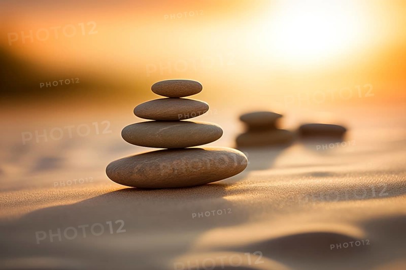 Zen stones stack on sand waves in a minimalist setting for balance and harmony. Balance, harmony, and peace of mind, wellness, meditation, and spirituality concept, AI generated