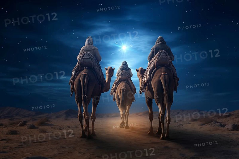 Christmas Jesus birth concept, Adoration of the Magi, Three Wise Men, Three Kings, and the Three biblical Magi with camel silhouettes journeying in sand dunes of desert follow Bethlehem star at night, AI generated