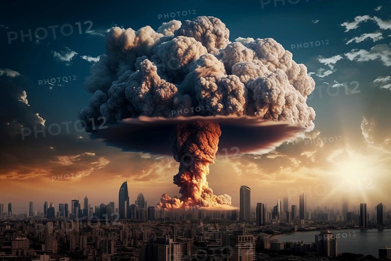 Nuclear blast and mushroom cloud in a city skyline. The explosion is destroying buildings and causing chaos and destruction. Apocalyptic mood. Devastation of war or the aftermath of a disaster, AI generated