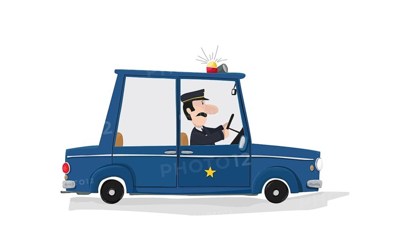 Big nose cop in his fancy police car with lights and siren on is chasing bad guys over a white background.Vector child like drawing illustration