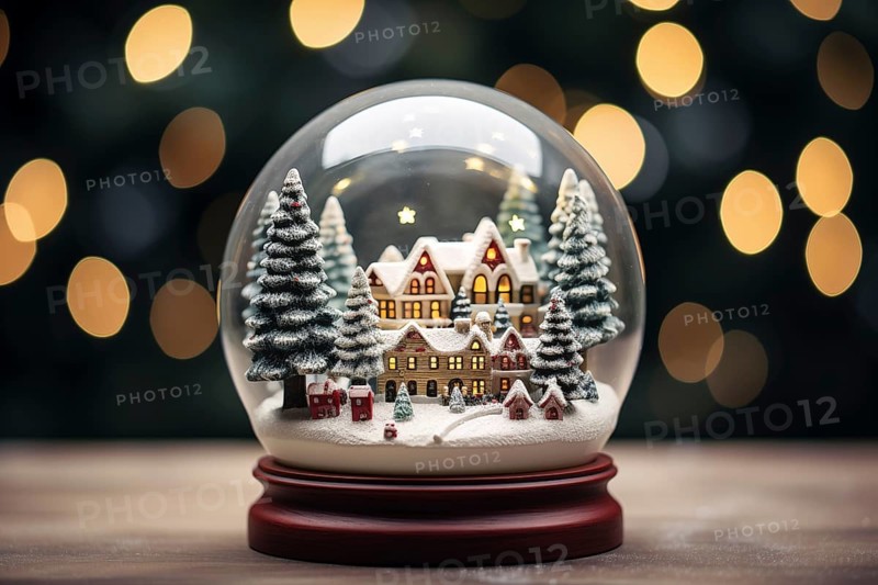 Winter Wonderland with house trees in Glass Ball Snow Globe on table and blurred bokeh background, AI generated