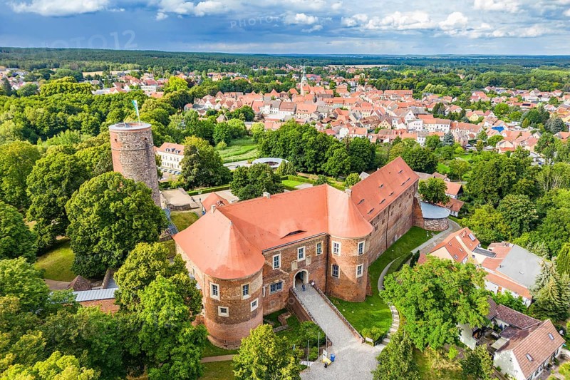 Aerial view, drone photo: Eisenhardt Castle and spa town of Bad Belzig, Hoher FlÃ¤ming nature park Park, Brandenburg, Germany, Europe