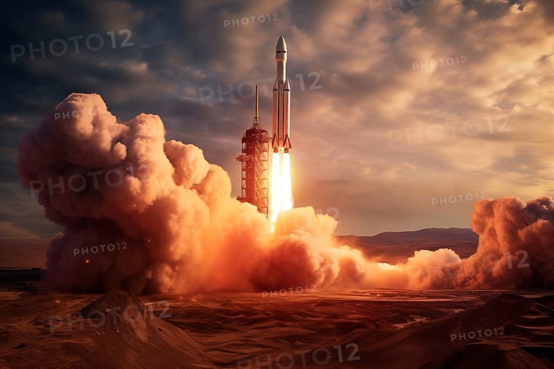 View of a rocket launch at sunrise sunset over an ocean coast. The rocket is blasting off with a trail of smoke and flames behind it, AI generated
