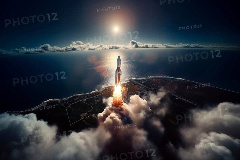 Aerial view of a rocket launch at sunrise sunset over an ocean coast. The rocket is blasting off with a trail of smoke and flames behind it, AI generated