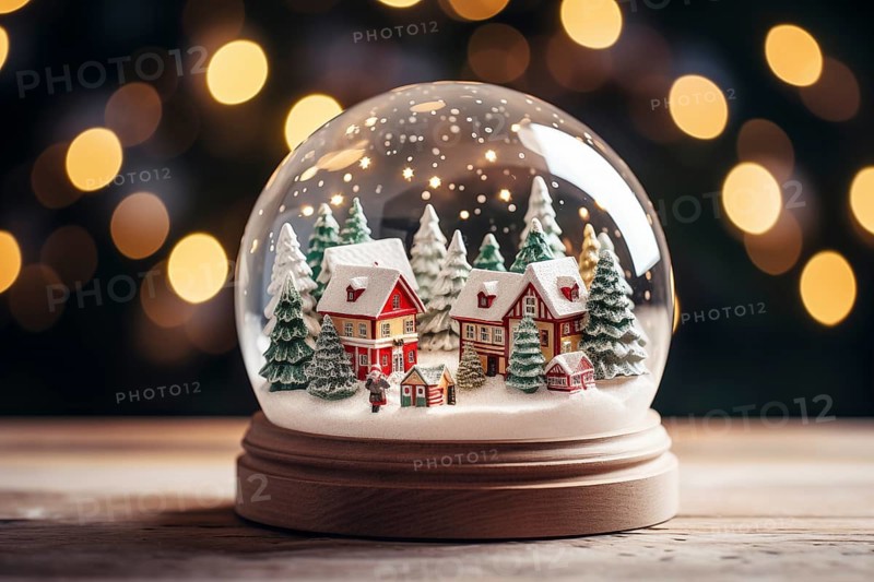 Winter Wonderland with house and trees in Glass Ball Snow Globe on table and blurred bokeh background, AI generated