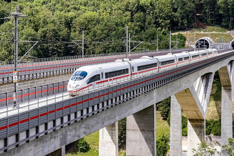 Deutsche Bahn ICE on the Filstal bridge, high-speed line Wendlingen (Stuttgart), Ulm. According to Deutsche Bahn, the bridge is the third highest railway bridge in Germany, Mühlhausen im TÃ¤le, Baden-Württemberg, Germany.