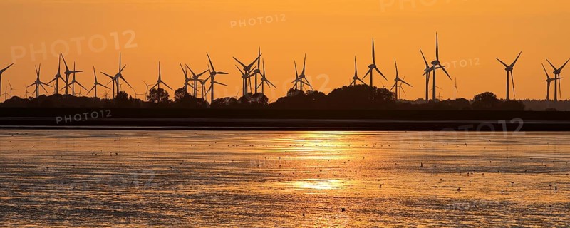 Mudflat landscape and many wind turbines in the marshland, North Sea, Norddeich, Norden, East Frisia, Lower Saxony, Germany, Europe