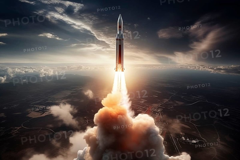 Aerial view of a rocket launch at sunrise sunset over an ocean coast. The rocket is blasting off with a trail of smoke and flames behind it, AI generated
