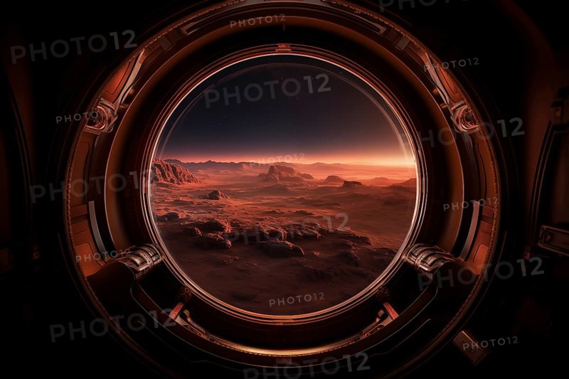 Mars landscape seen through spaceship window illuminator. Concept of extraterrestrial journey space exploration, conveys sense of otherworldly beauty and wonder, AI generated