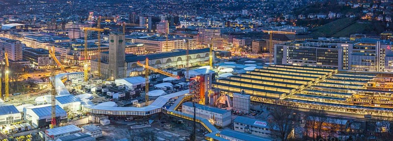 Main station, construction site Stuttgart 21, here the new through station is being built, on the right the current platforms of the terminus station, night view, aerial view, panoramic photo, Stuttgart, Baden-Württemberg, Germany, Europe