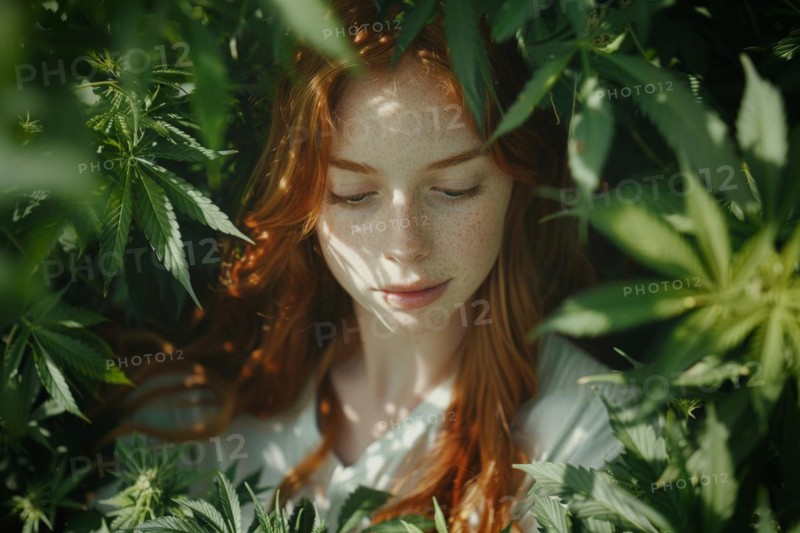Portrait of a young woman surrounded by hemp leaves, cannabis, industrial hemp, symbolic image, drug use, illegal, legal, for medical, industrial purposes or food production