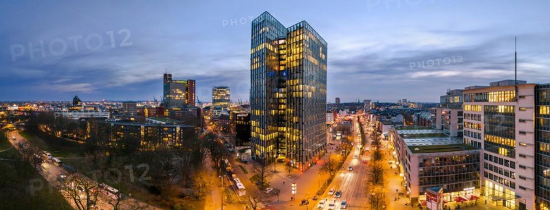 Panorama aerial view Dancing Towers at blue hour with Reeperbahn, St. Pauli, Hamburg, Germany, Europe