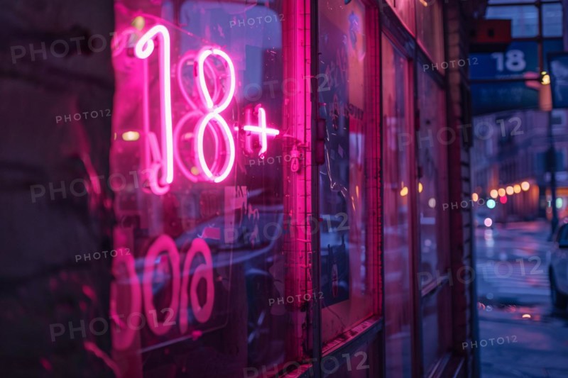 Pink neon light text '18+' glowing in window of bar at night. KI generiert, generiert, AI generated