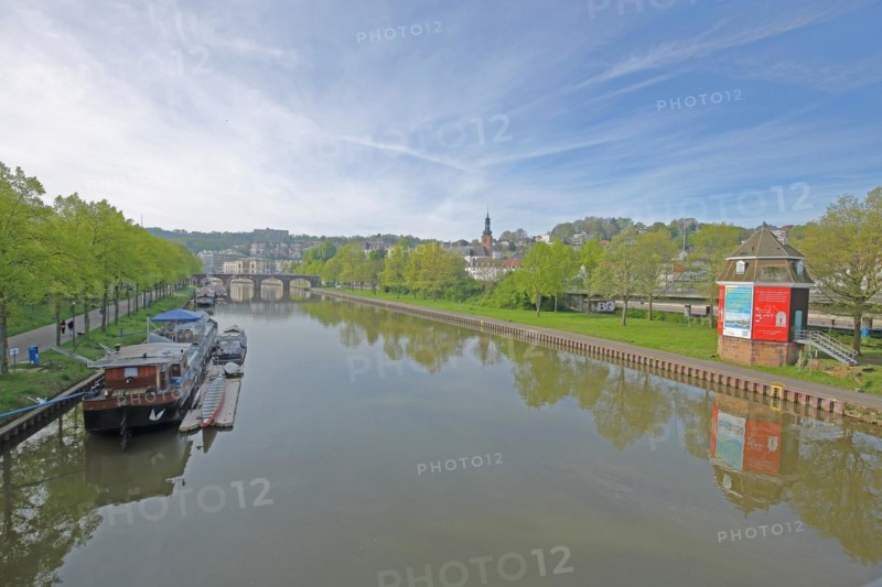 View from Wilhelm-Heinrich-Bridge with Old Saar Crane, Old Bridge and Ship Péniche Mosella, Spring, Crane, Reflection, Saarbank, Saar, Saarbrücken, Saarland, Germany, Europe