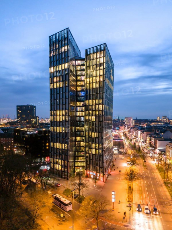 Aerial view Dancing Towers at blue hour with Reeperbahn, St. Pauli, Hamburg, Germany, Europe