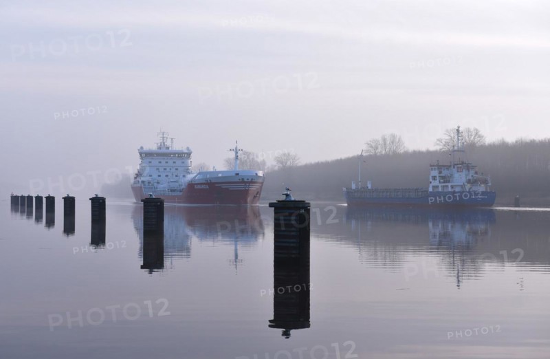 LNG tanker Ramanda sailing in fog in the Kiel Canal, Kiel Canal, Schleswig-Holstein, Germany, Europe