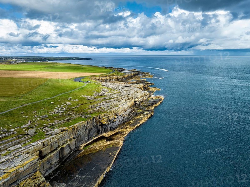 Aerial view of rugged cliffs on the North Sea coast, Wick, County Caithness, Scotland, United Kingdom, Europe