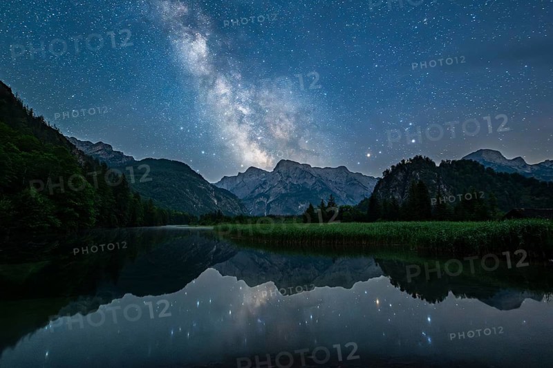 Milky Way over Almsee, Reflection, Totes Gebirge, Grünau, Almtal, Salzkammergut, Upper Austria, Austria, Europe