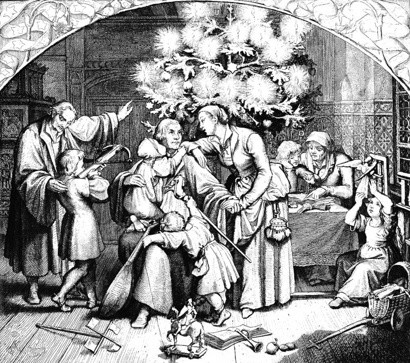 Martin Luther's winter joys with his family, room, winter, joy, Christmas, crossbow, presents, fir tree, lights, candles, religion, children, woman, Protestantism, 16th century, historical illustration c. 1860