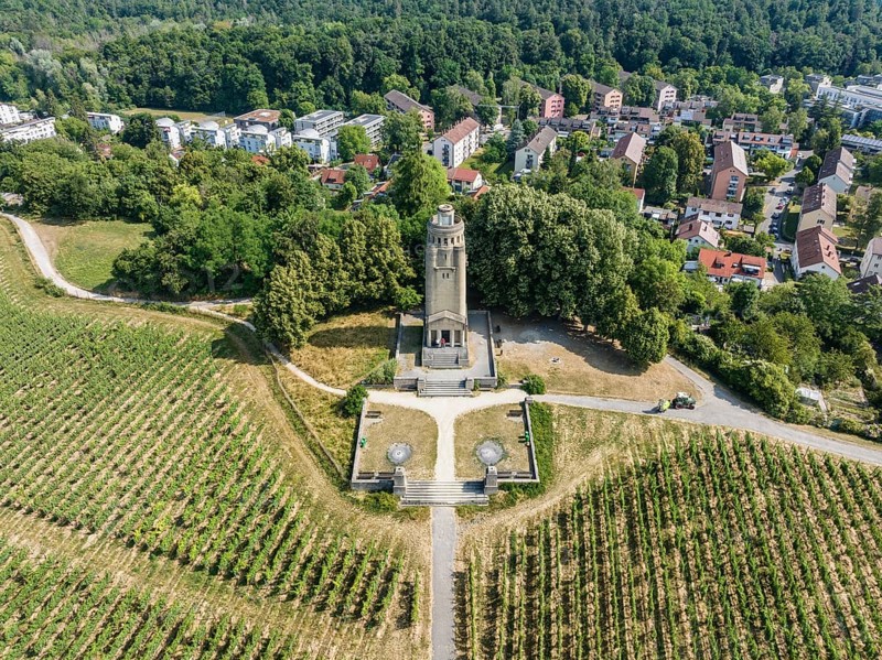 Aerial view of the Bismarck Tower on the Raiteberg in the northern part of the city of Constance, vineyards on Lake Constance, Constance County, Baden-Württemberg, Germany, Europe