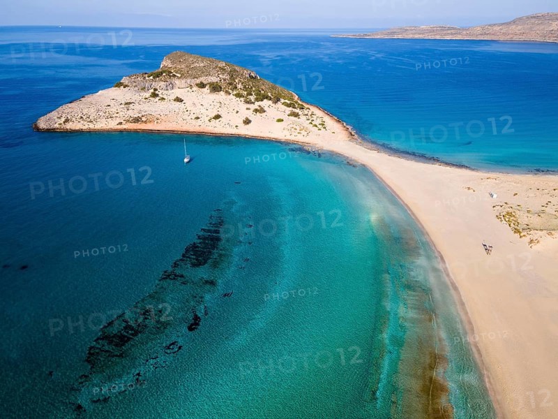 Drone shot, double bay of Simos beach, Sarakiniko beach, Elafonisos, Deer Island, Laconia, Peloponnese, Ionian Islands, Ionian Sea, Greece, Europe